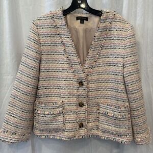 EUC Ann Taylor Shimmer Fringe Cropped Tweed Pastel Cardigan Jacket Size 12